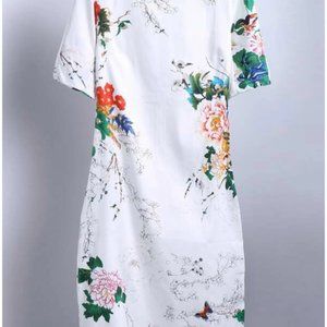 White Short Sleeve Floral Butterfly Print Dress